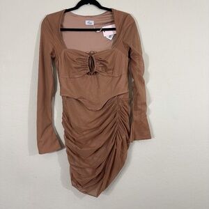 Oh Polly Light Brown Long Sleeve Corset Scrunch Mini Dress US Size 8